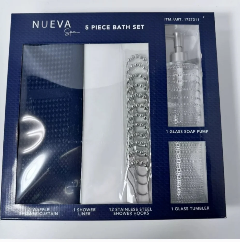 Nueva Spa 5 Piece Bath Set Meriden Navy. Hooks, Liner, Soap Pump, Tumble…